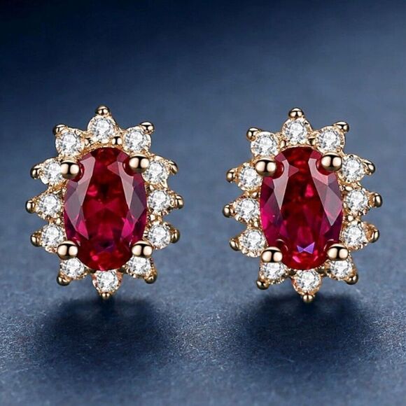 Oval Ruby Red Stone CZ Stud Earrings Womens 18K Gold Vermeil Jewelry New - Picture 1 of 8